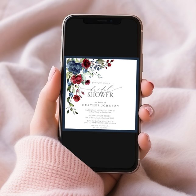 Invitación Ducha nupcial floral azul borgoña marina (Subido por el creador)