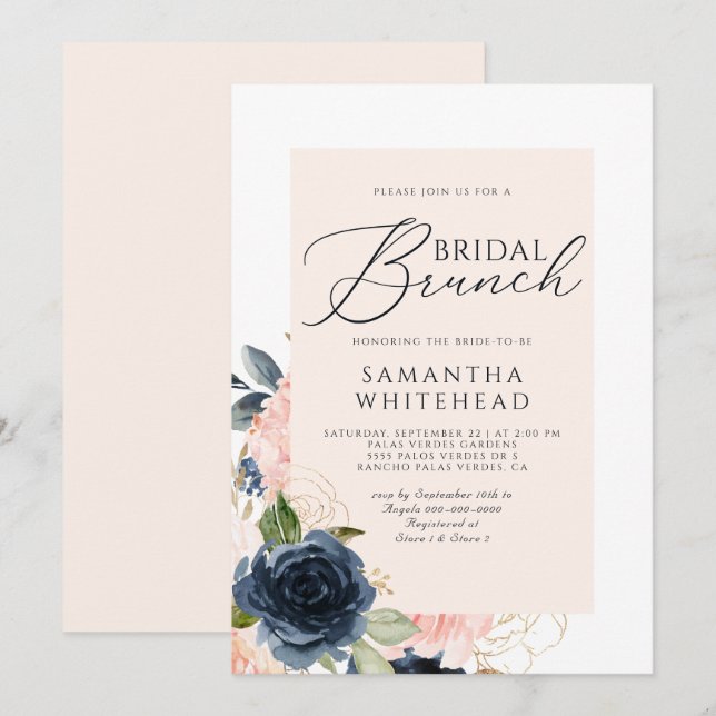 Invitación Ducha nupcial floral azul de la marina rosa de Rub (Anverso / Reverso)