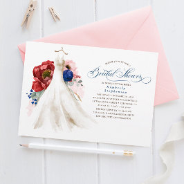 Invitación Ducha nupcial floral azul de la marina rosa roja d