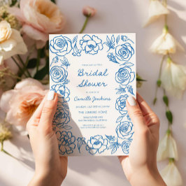 Invitación Ducha nupcial floral azul de mano dibujada
