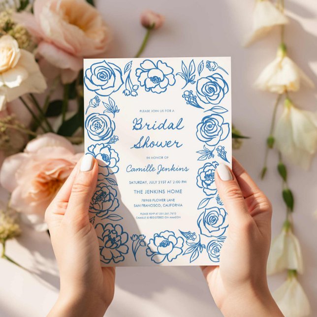 Invitación Ducha nupcial floral azul de mano dibujada (Blue Floral Hand Drawn Bridal Shower Invitation)