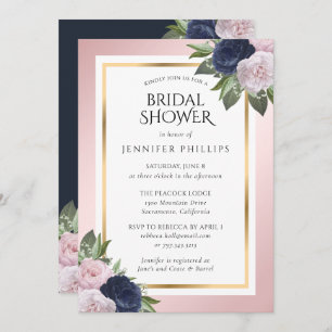 Invitación Ducha nupcial floral azul marina rosa azul Rubor