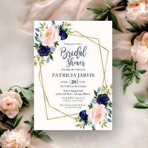 Invitación Ducha Nupcial Floral Azul Marino Geométrica Dorada