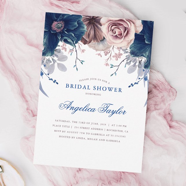 Invitación Ducha nupcial floral azul marino y malva (Subido por el creador)
