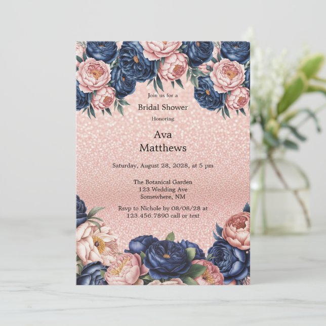 Invitación Ducha nupcial floral azul marino y Rosa dorado (Anverso de pie)