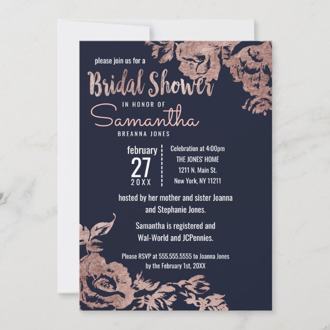Invitación Ducha nupcial floral azul marino y Rosa oro (Anverso)