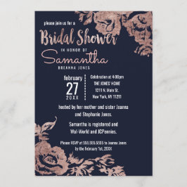 Invitación Ducha nupcial floral azul marino y Rosa oro