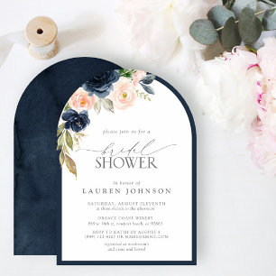 Invitación Ducha nupcial floral azul marino y Rubor