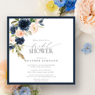 Invitación Ducha nupcial floral azul marino y Rubor