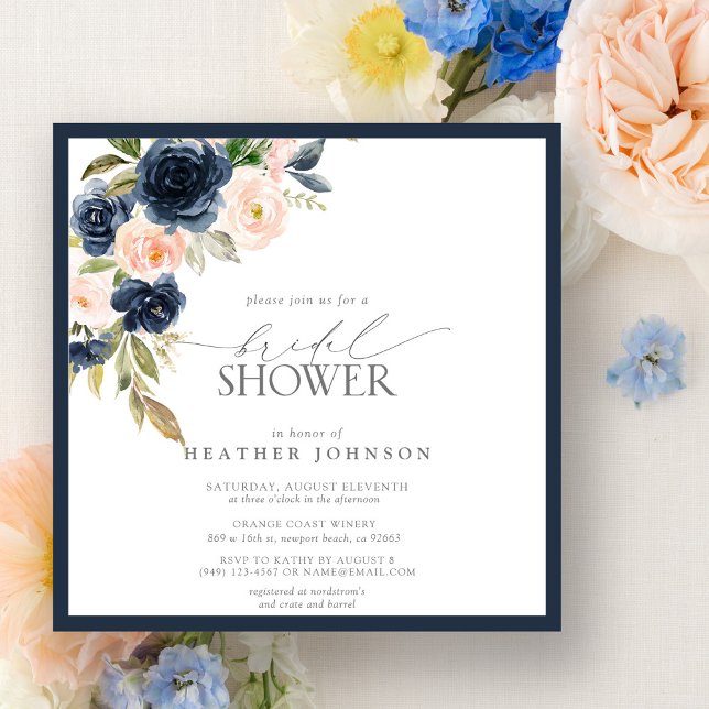 Invitación Ducha nupcial floral azul marino y Rubor (Subido por el creador)