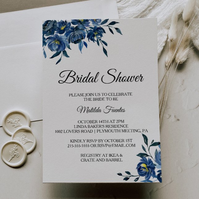 Invitación Ducha nupcial floral azul moderna (Subido por el creador)