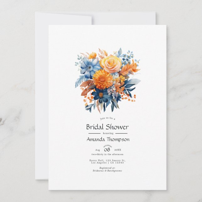 Invitación Ducha nupcial floral azul, Naranja y amarilla (Anverso)