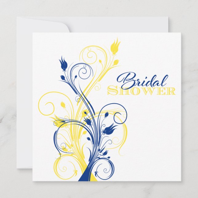 Invitación Ducha nupcial floral azul real, amarilla y blanca (Anverso)