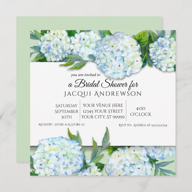Invitación Ducha nupcial floral azul y blanca de Hydrangea (Anverso / Reverso)