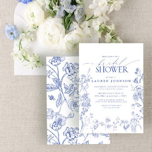 Invitación Ducha nupcial floral azul y blanca victoriana