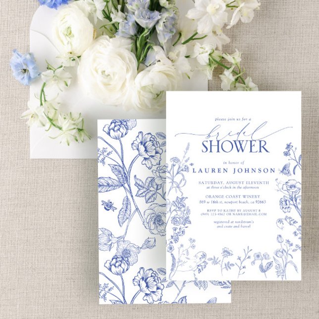 Invitación Ducha nupcial floral azul y blanca victoriana (Subido por el creador)