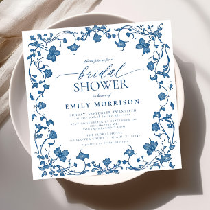 Invitación Ducha nupcial floral azul y blanca victoriana