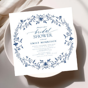 Invitación Ducha nupcial floral azul y blanca victoriana