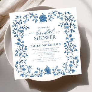 Invitación Ducha nupcial floral azul y blanca victoriana