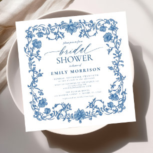 Invitación Ducha nupcial floral azul y blanca victoriana