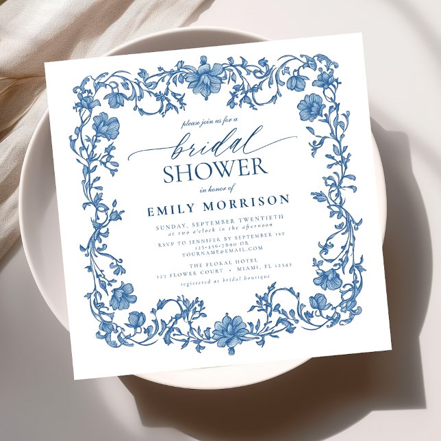 Invitación Ducha nupcial floral azul y blanca victoriana (Subido por el creador)