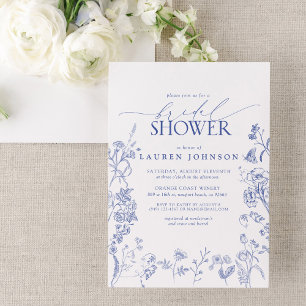 Invitación Ducha nupcial floral azul y blanca victoriana