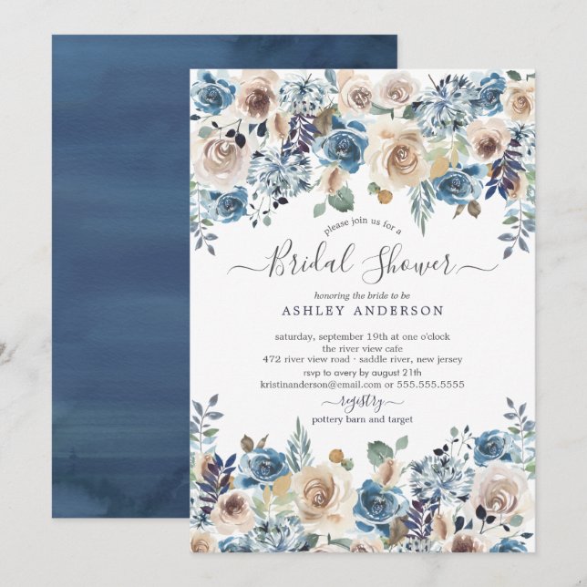 Invitación Ducha nupcial floral azul y crema (Anverso / Reverso)