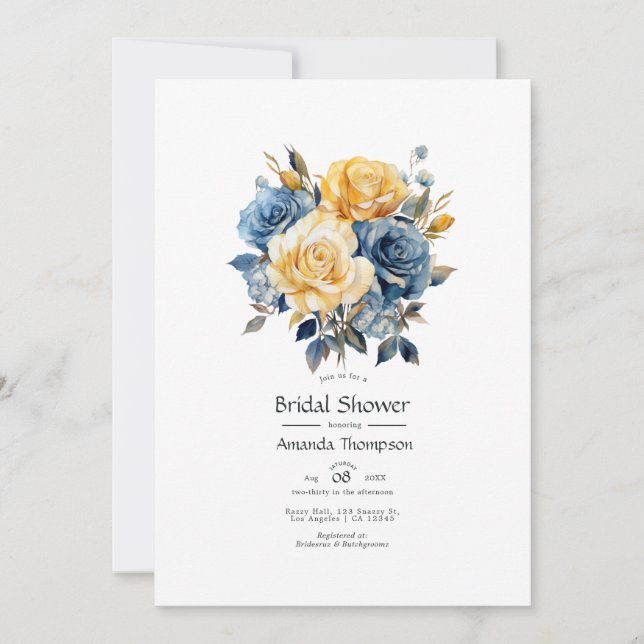 Invitación Ducha nupcial floral azul y dorada (Anverso)
