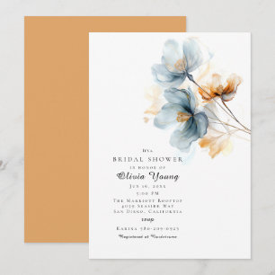 Invitación Ducha nupcial floral azul y etérea dorada