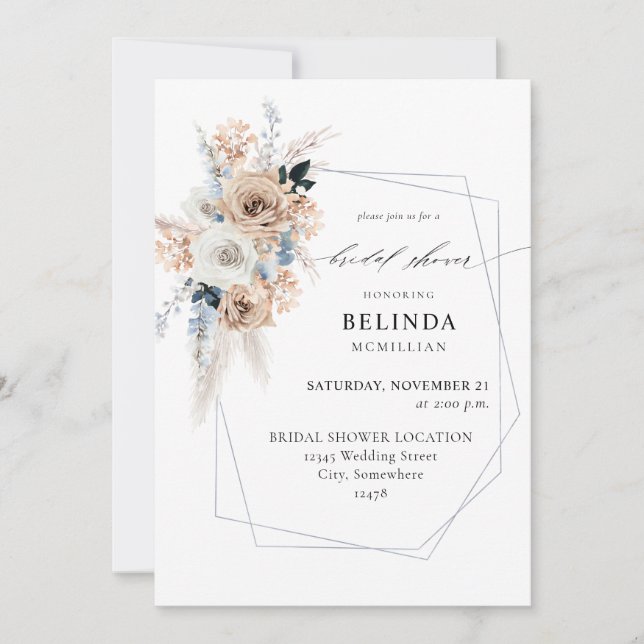 Invitación Ducha nupcial floral azul y pekinés (Anverso)
