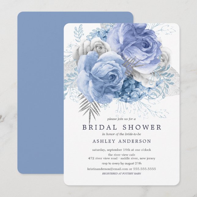 Invitación Ducha nupcial floral azul y plateada (Anverso / Reverso)