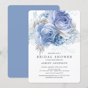 Invitación Ducha nupcial floral azul y plateada