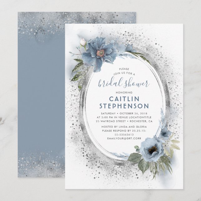 Invitación Ducha nupcial floral azul y plateado Purpurina (Anverso / Reverso)