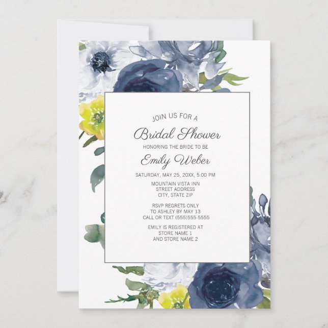 Invitación Ducha nupcial floral blanca amarilla azul marina (Anverso)
