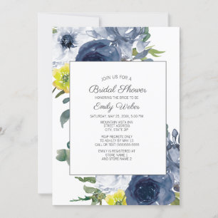 Invitación Ducha nupcial floral blanca amarilla azul marina