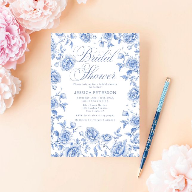 Invitación Ducha nupcial floral blanca azul y blanca (Subido por el creador)