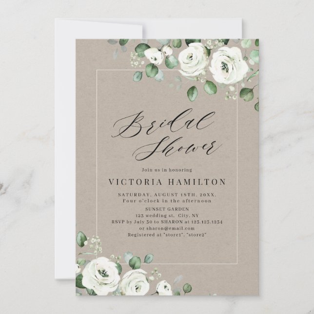 Invitación Ducha nupcial floral blanca de eucalipto (Anverso)