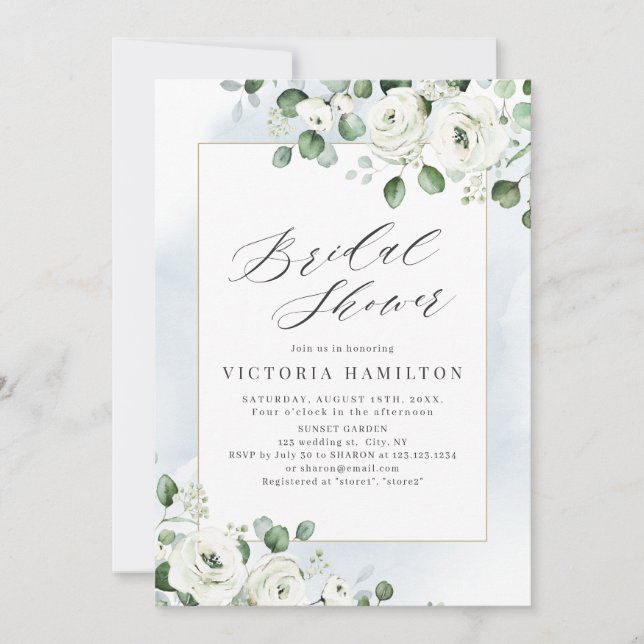 Invitación Ducha nupcial floral blanca de eucalipto (Anverso)
