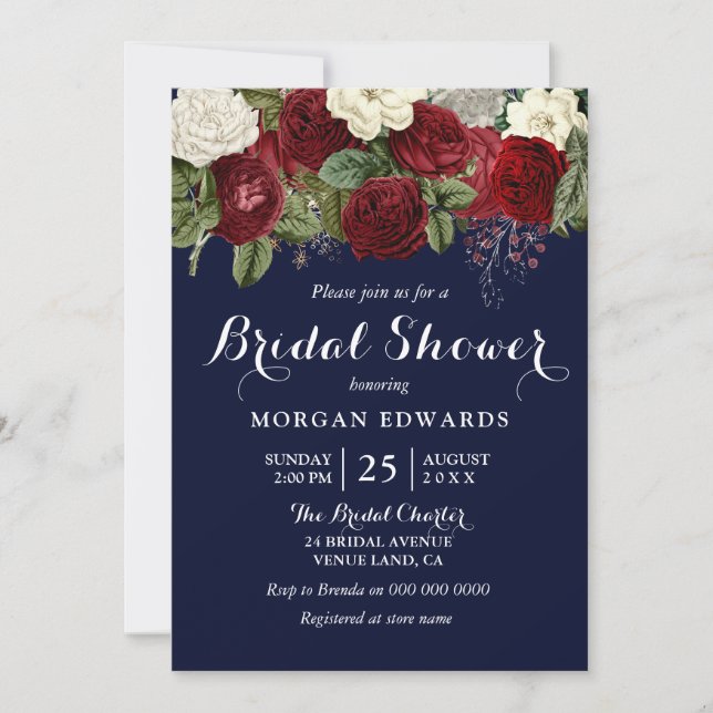 Invitación Ducha nupcial floral blanca marina y borgoña (Anverso)