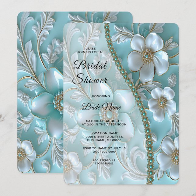 Invitación Ducha nupcial floral blanca verde azulada (Anverso / Reverso)