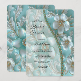 Invitación Ducha nupcial floral blanca verde azulada
