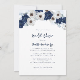 Invitación Ducha nupcial floral blanca y azul moderna