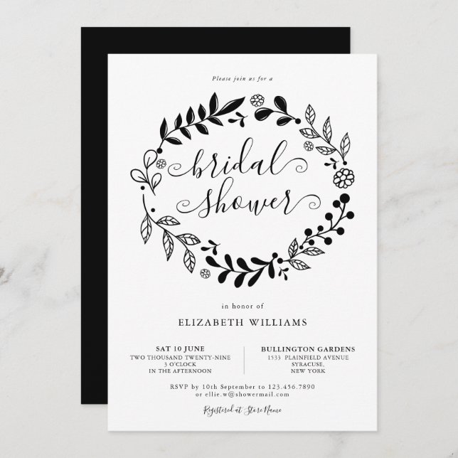 Invitación Ducha nupcial floral blanca y negra (Anverso / Reverso)