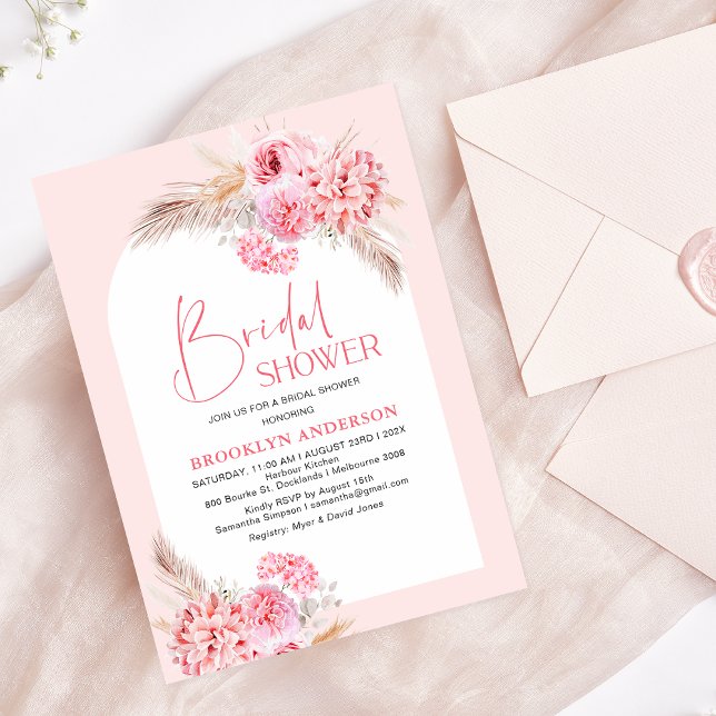 Invitación Ducha nupcial floral Boho Arch Rosa (Bright Pink Bridal Shower Invitation Template Boho, Modern Pink Floral Bridal Shower Invitation)