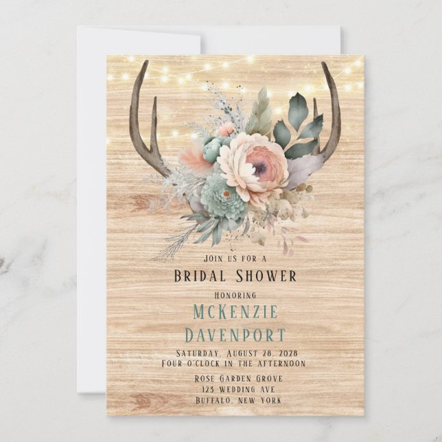 Invitación Ducha nupcial floral Boho Deer Antler (Anverso)