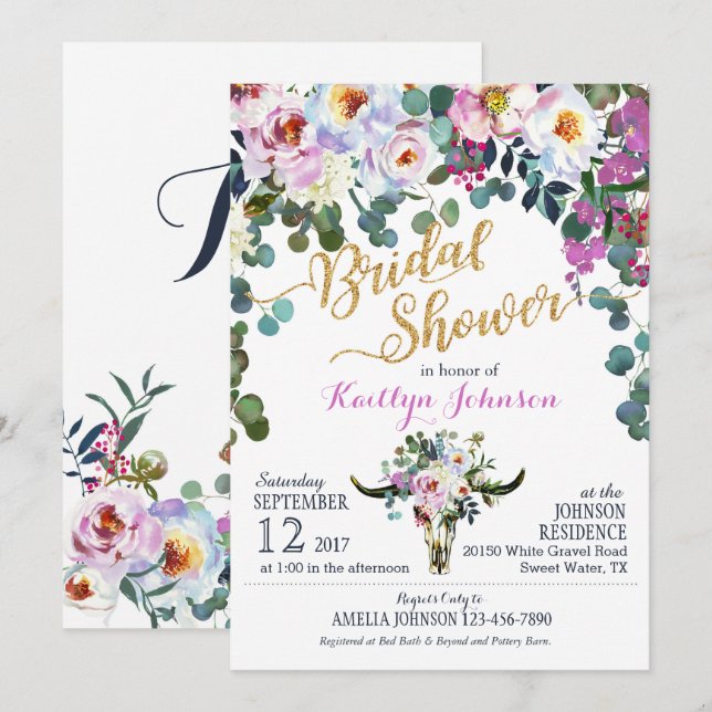 Invitación Ducha nupcial floral Boho Longhorn Cow Skull (Anverso / Reverso)