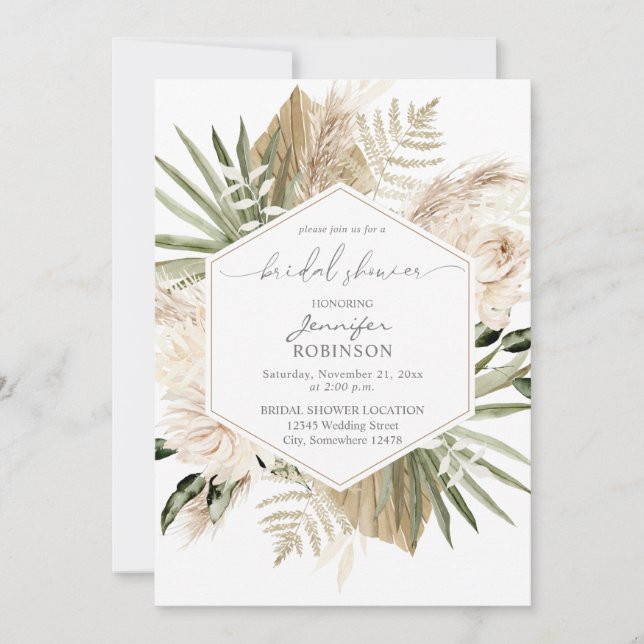 Invitación Ducha nupcial floral Boho Pampas Grass & Beige (Anverso)