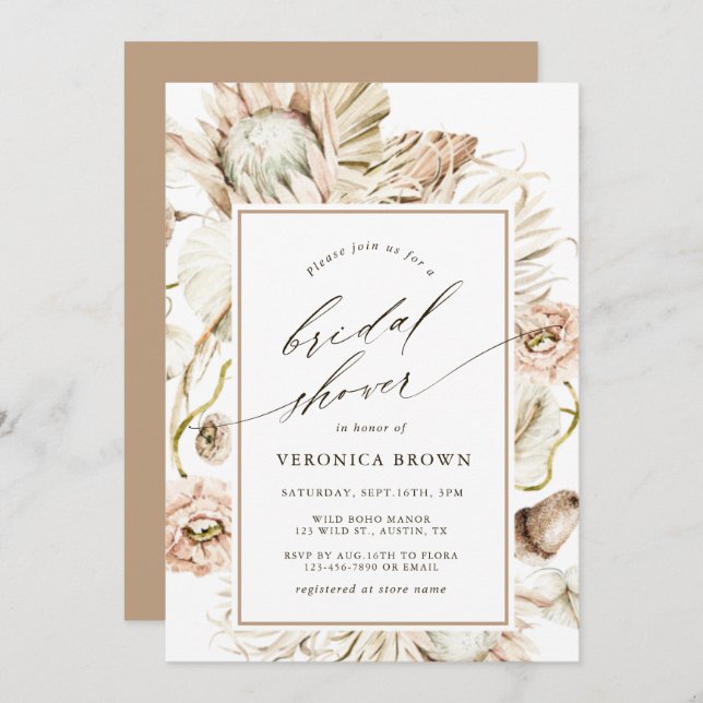 Invitación Ducha nupcial floral Boho Protea Pampas (Anverso / Reverso)