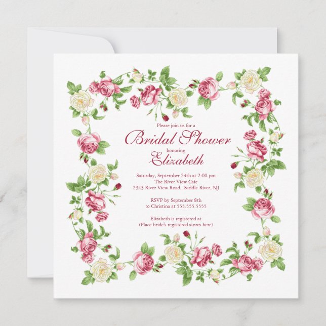 Invitación Ducha nupcial floral bonita del rosa rojo y blanco (Anverso)