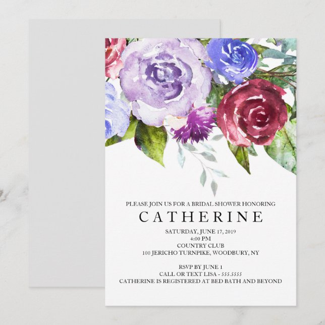 Invitación Ducha nupcial floral borgoña (Anverso / Reverso)